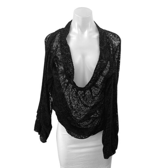 Free People Womens Black Velvet Mesh Long Sleeve Plunge Neck Sheer Coverup Top L - Picture 1 of 5